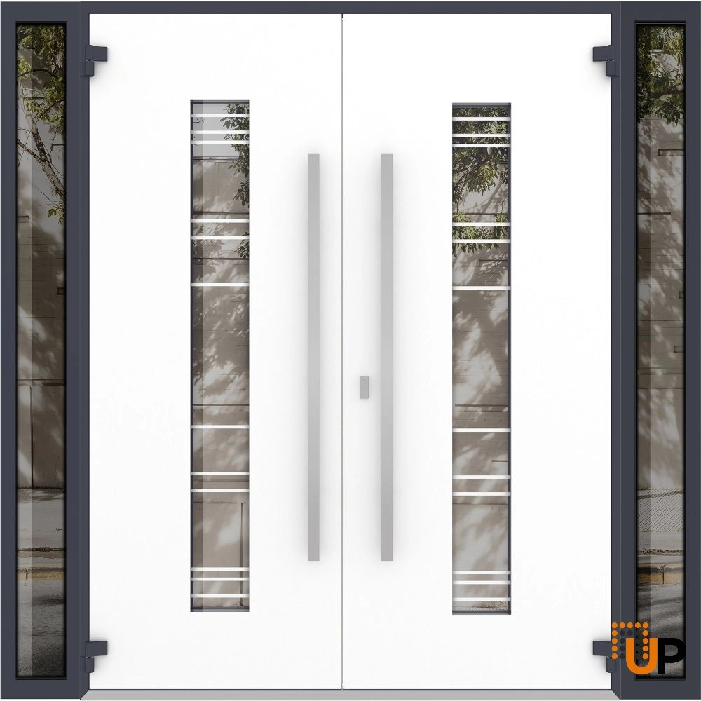 Double swing metal-aluminum modern exterior door with clear-mirrored glass | Deux 5755 Gray Graphite | 100 x 96 (14+72+14 x 96) photo#2