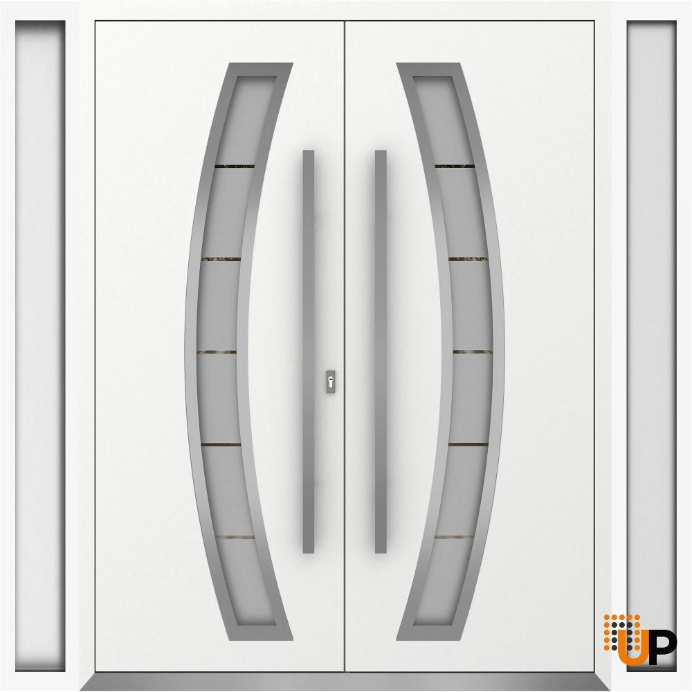 Double swing metal-aluminum modern exterior door with clear-mirrored glass | Deux 6500 White Enamel | 100 x 80 (14+72+14 x 80) photo#1