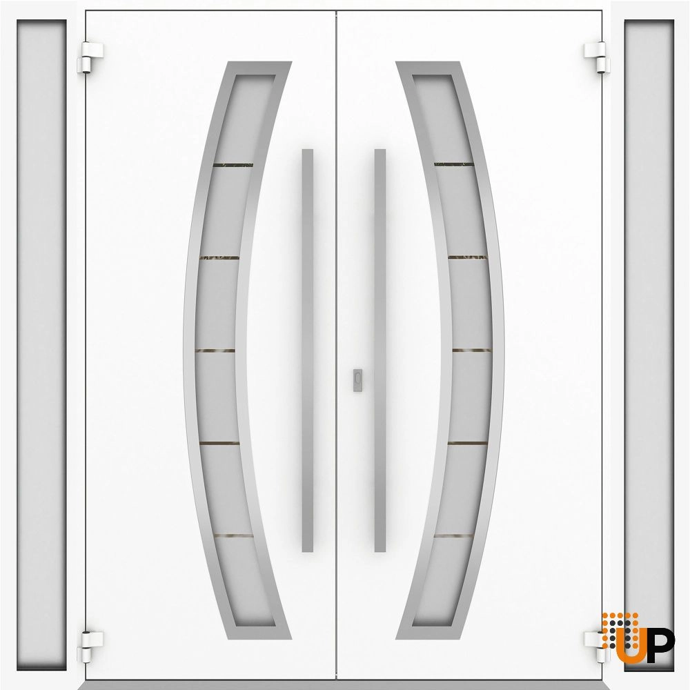 Double swing metal-aluminum modern exterior door with clear-mirrored glass | Deux 6500 White Enamel | 104 x 96 (16+72+16 x 96) photo#2