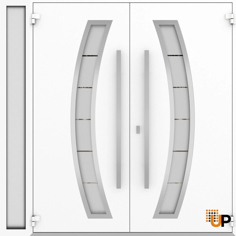 Double swing metal-aluminum modern exterior door with clear-mirrored glass | Deux 6500 White Enamel | 84 x 96 (72+12 x 96) photo#2