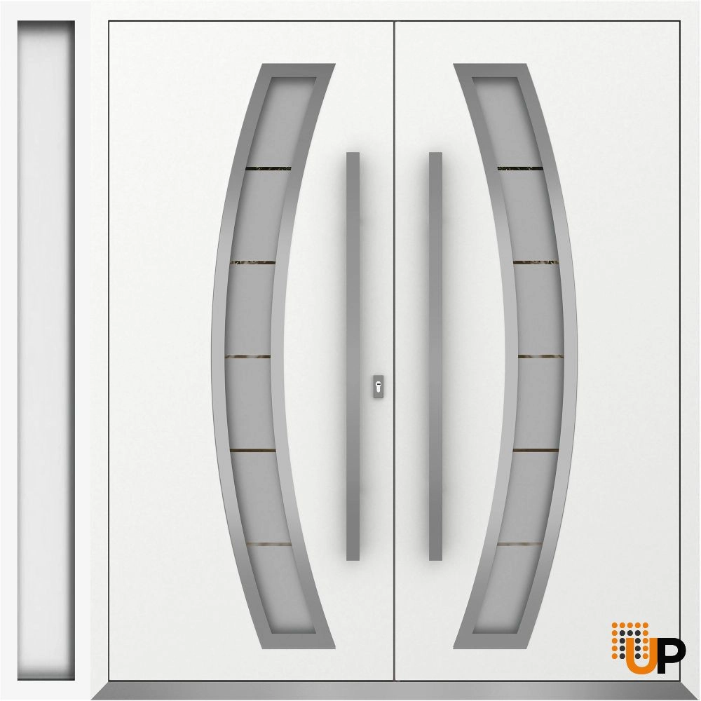 Double swing metal-aluminum modern exterior door with clear-mirrored glass | Deux 6500 White Enamel | 86 x 80 (72+14 x 80) photo#1