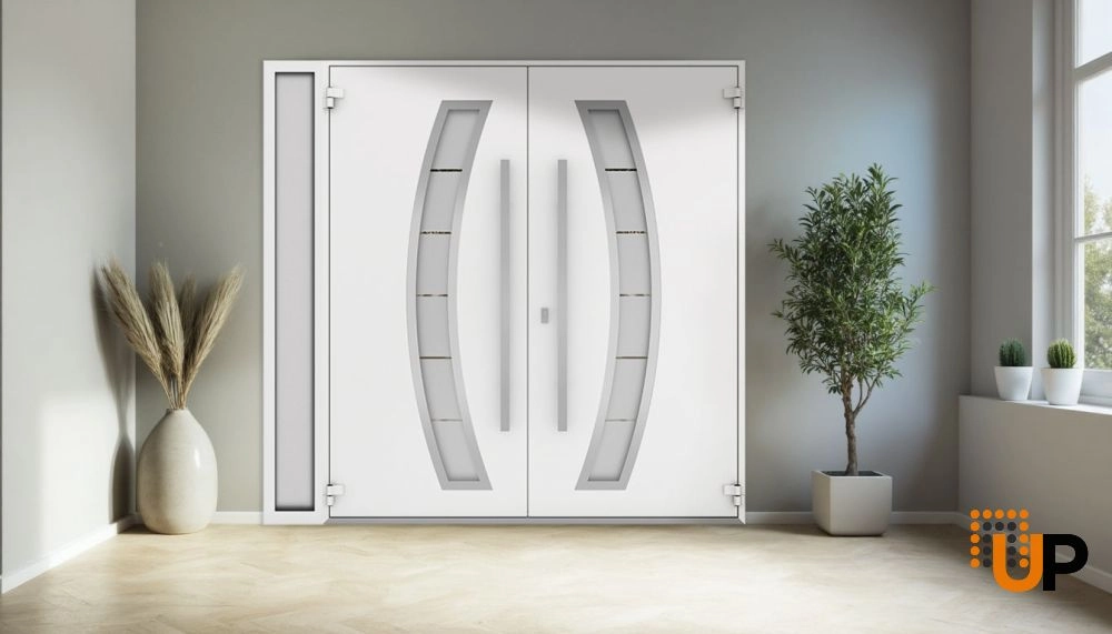 Double swing metal-aluminum modern exterior door with clear-mirrored glass | Deux 6500 White Enamel | 88 x 80 (72+16 x 80) photo#4