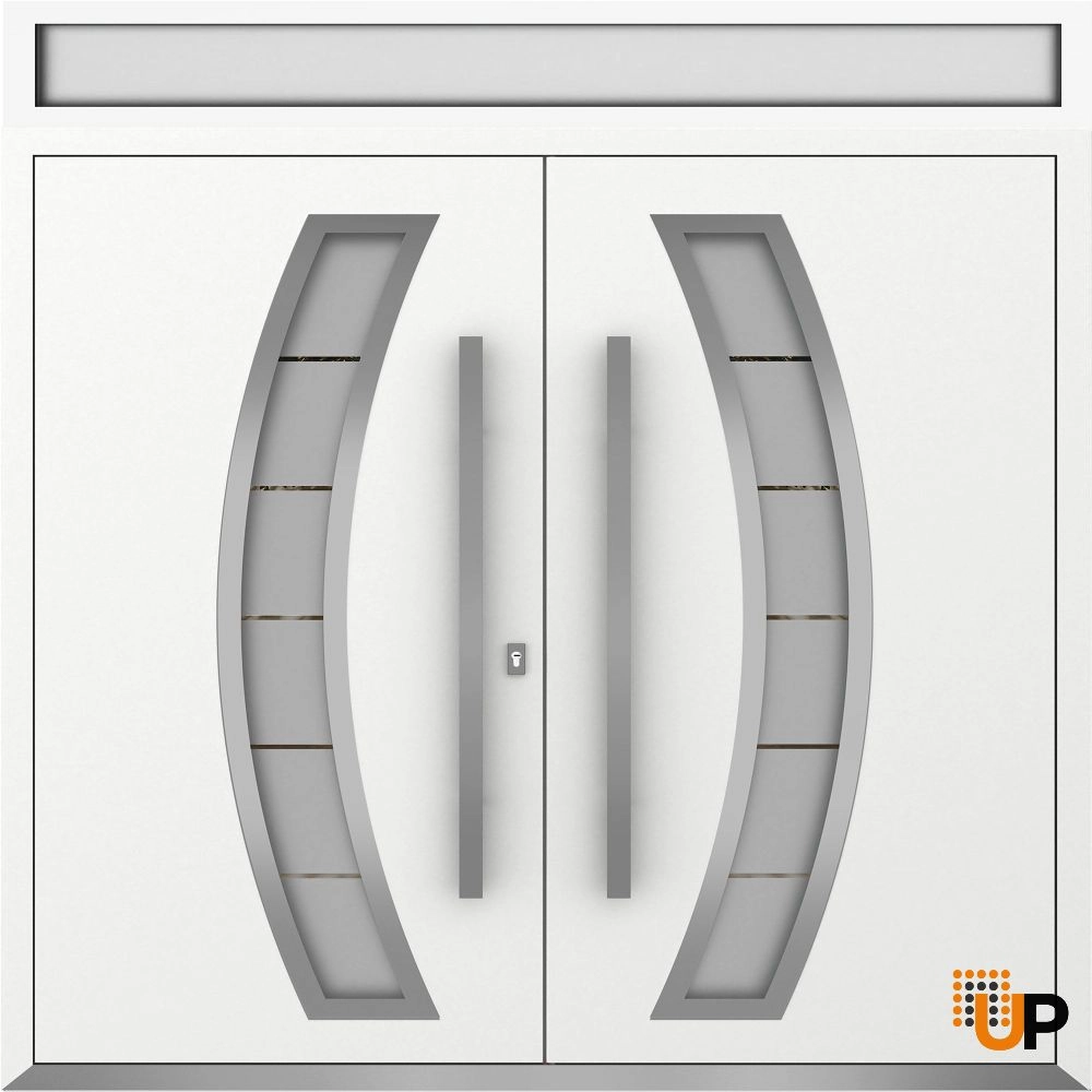 Double swing metal-aluminum modern exterior door with clear-mirrored glass | Deux 6500 White Enamel | 72 x 92 (72 x 80+12) photo#1