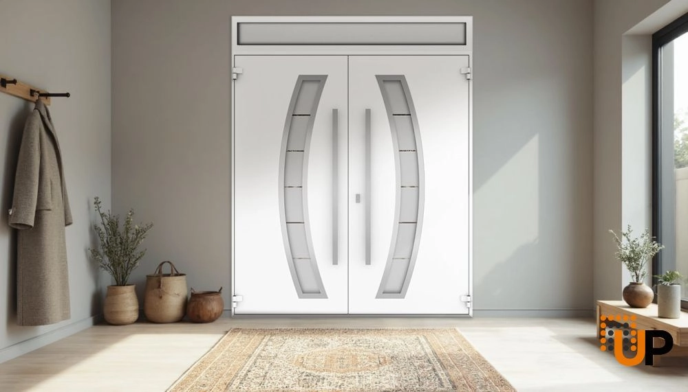 Double swing metal-aluminum modern exterior door with clear-mirrored glass | Deux 6500 White Enamel | 72 x 92 (72 x 80+12) photo#4