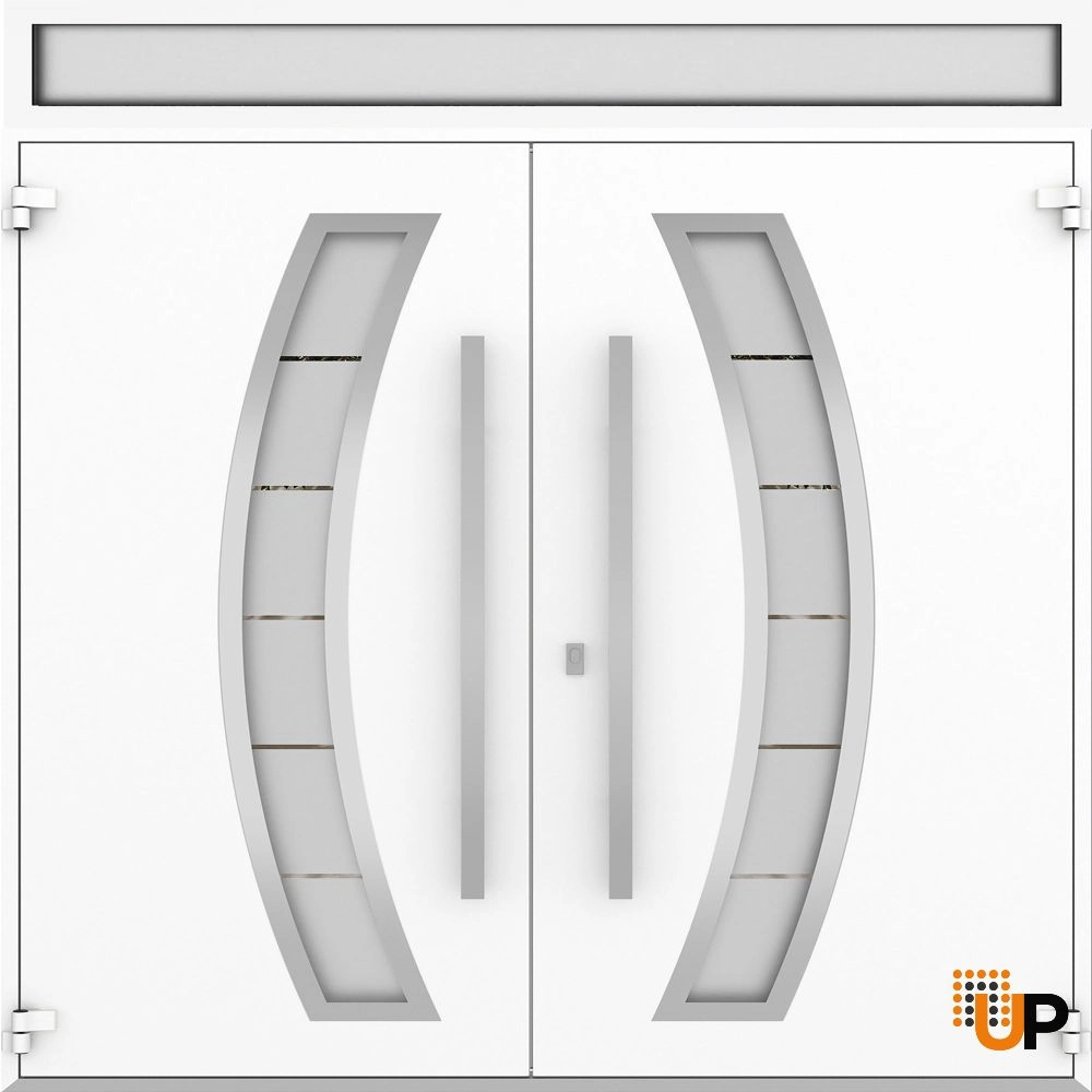 Double swing metal-aluminum modern exterior door with clear-mirrored glass | Deux 6500 White Enamel | 72 x 92 (72 x 80+12) photo#2