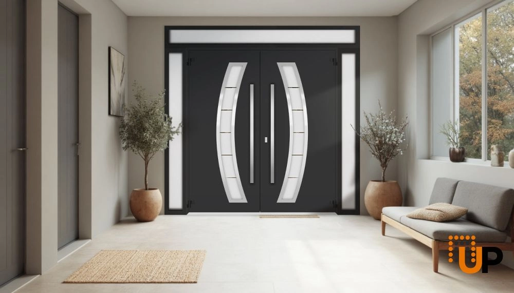 Deux 6500 exterior aluminum double door 100x108 (14+72+14x96+12) black steel Photo #4