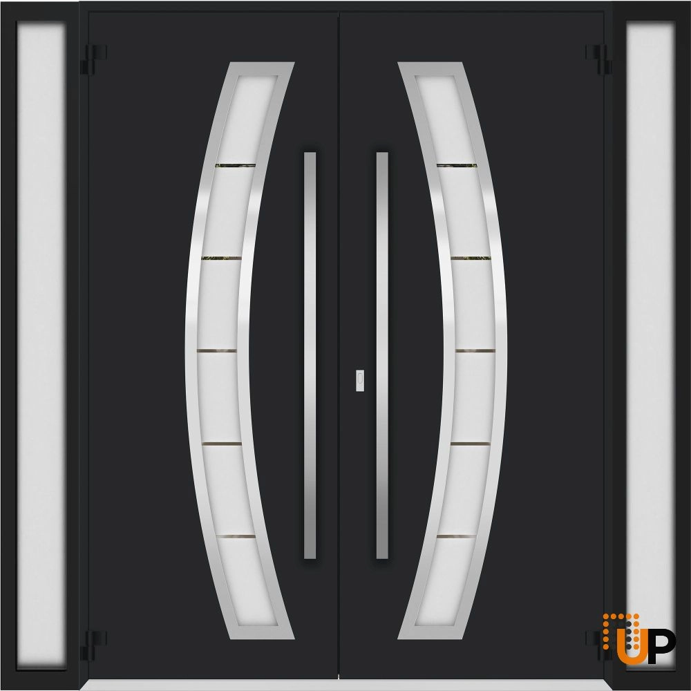 Double swing metal-aluminum modern exterior door with clear-mirrored glass | Deux 6500 Black Enamel | 104 x 96 (16+72+16 x 96) photo#2