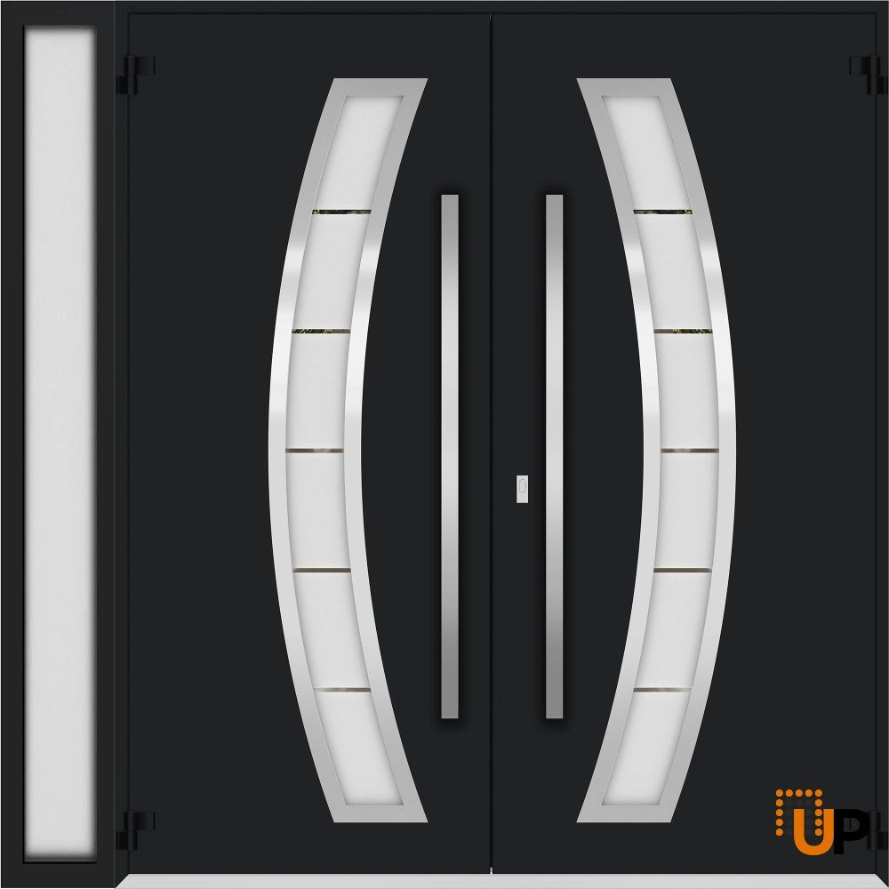 Double swing metal-aluminum modern exterior door with clear-mirrored glass | Deux 6500 Black Enamel | 84 x 80 (72+12 x 80) photo#2