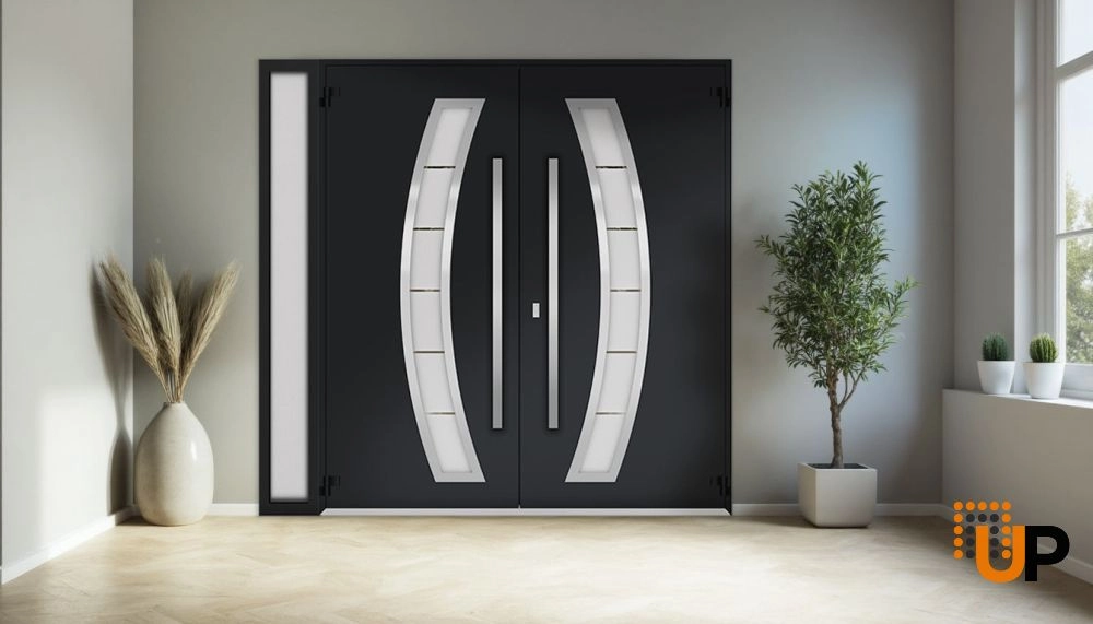Deux 6500 exterior aluminum double door 88x96 (72+16x96) black steel Photo #4