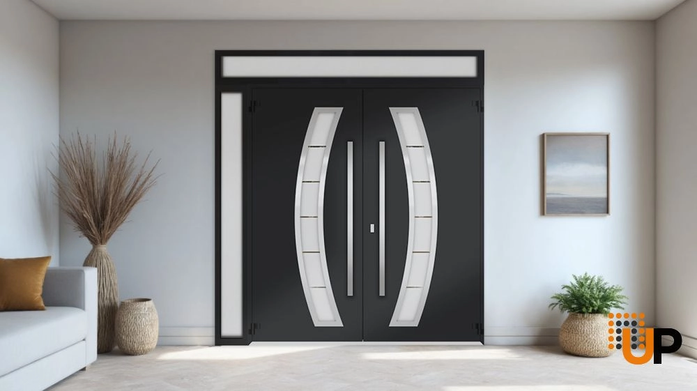 Deux 6500 exterior aluminum double door 88x110 (72+16x96+14) black steel Photo #4