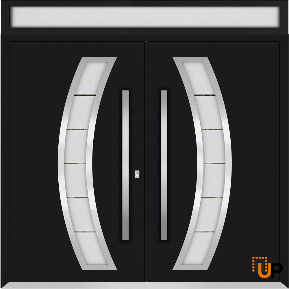 Double swing metal-aluminum modern exterior door with clear-mirrored glass | Deux 6500 Black Enamel | 72 x 92 (72 x 80+12) photo#1