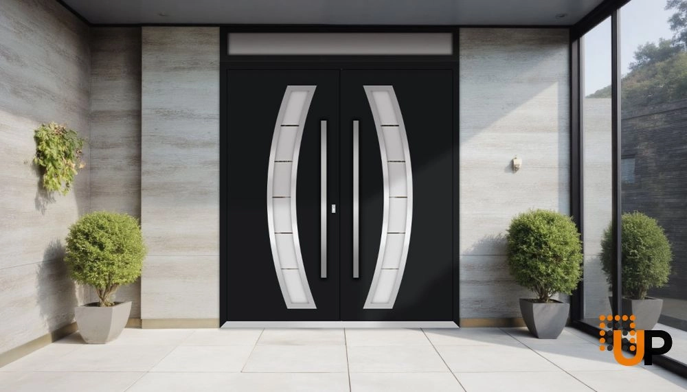 Double swing metal-aluminum modern exterior door with clear-mirrored glass | Deux 6500 Black Enamel | 72 x 108 (72 x 96+12) photo#3