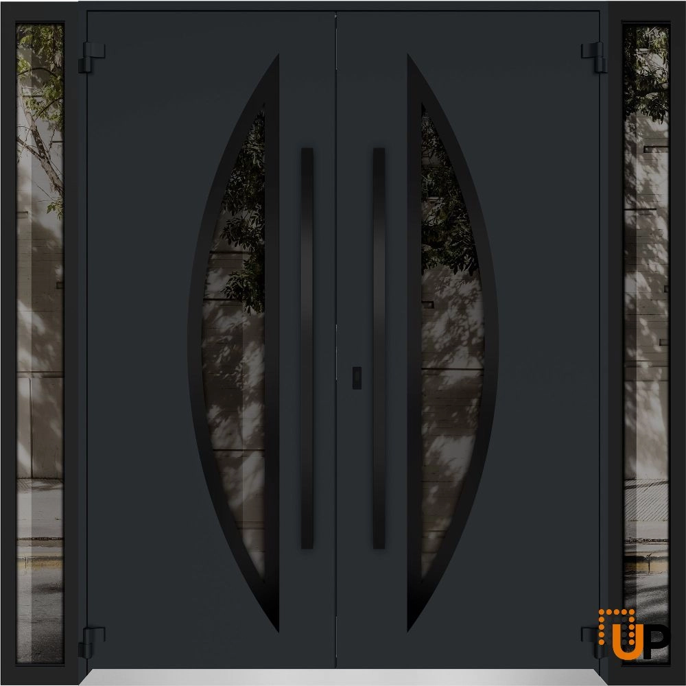 Double swing metal-aluminum modern exterior door with clear-mirrored glass | Deux 6501 Black Enamel | 96 x 80 (12+72+12 x 80) photo#2