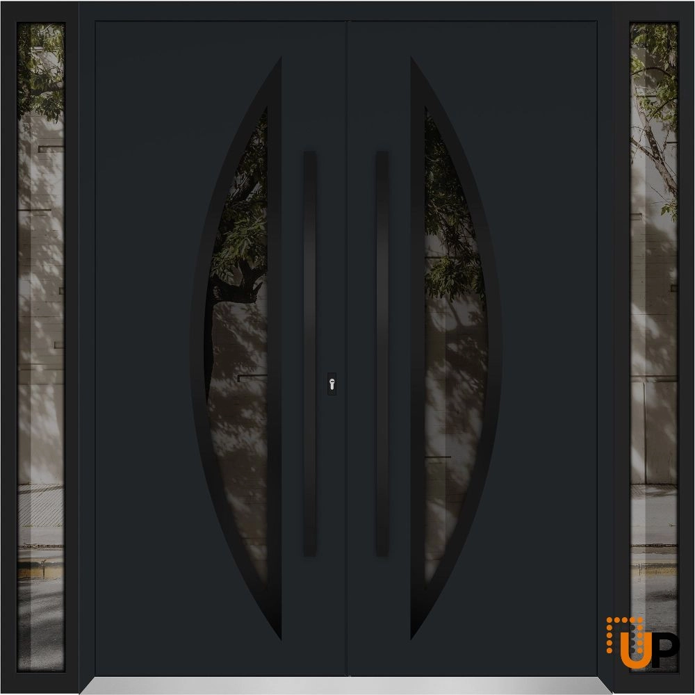 Double swing metal-aluminum modern exterior door with clear-mirrored glass | Deux 6501 Black Enamel | 104 x 96 (16+72+16 x 96) photo#1