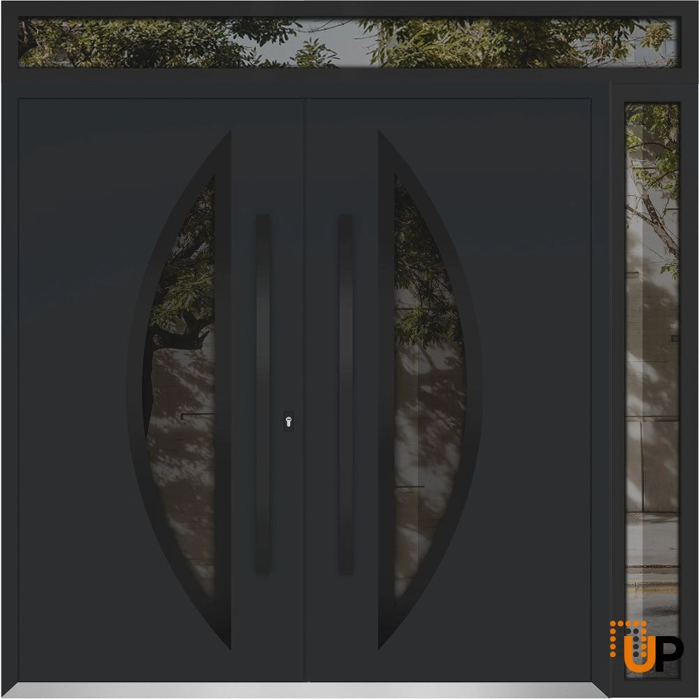 Double swing metal-aluminum modern exterior door with clear-mirrored glass | Deux 6501 Black Enamel | 84 x 94 (72+12 x 80+14) photo#1