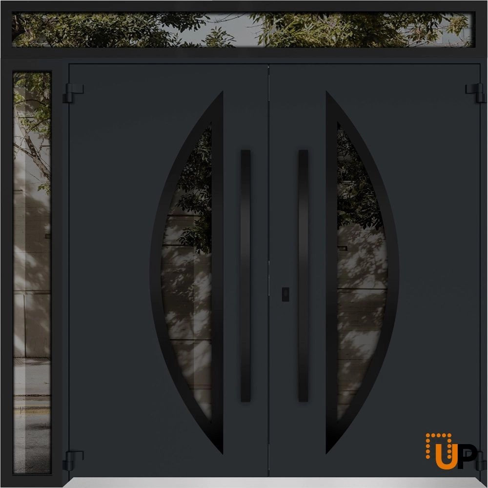 Double swing metal-aluminum modern exterior door with clear-mirrored glass | Deux 6501 Black Enamel | 86 x 94 (72+14 x 80+14) photo#2