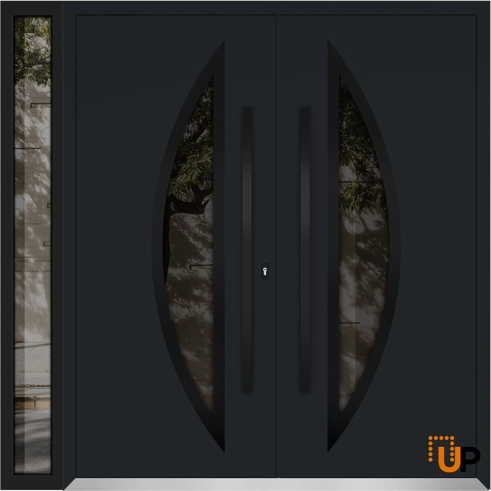 Double swing metal-aluminum modern exterior door with clear-mirrored glass | Deux 6501 Black Enamel | 86 x 96 (72+14 x 96) photo#1