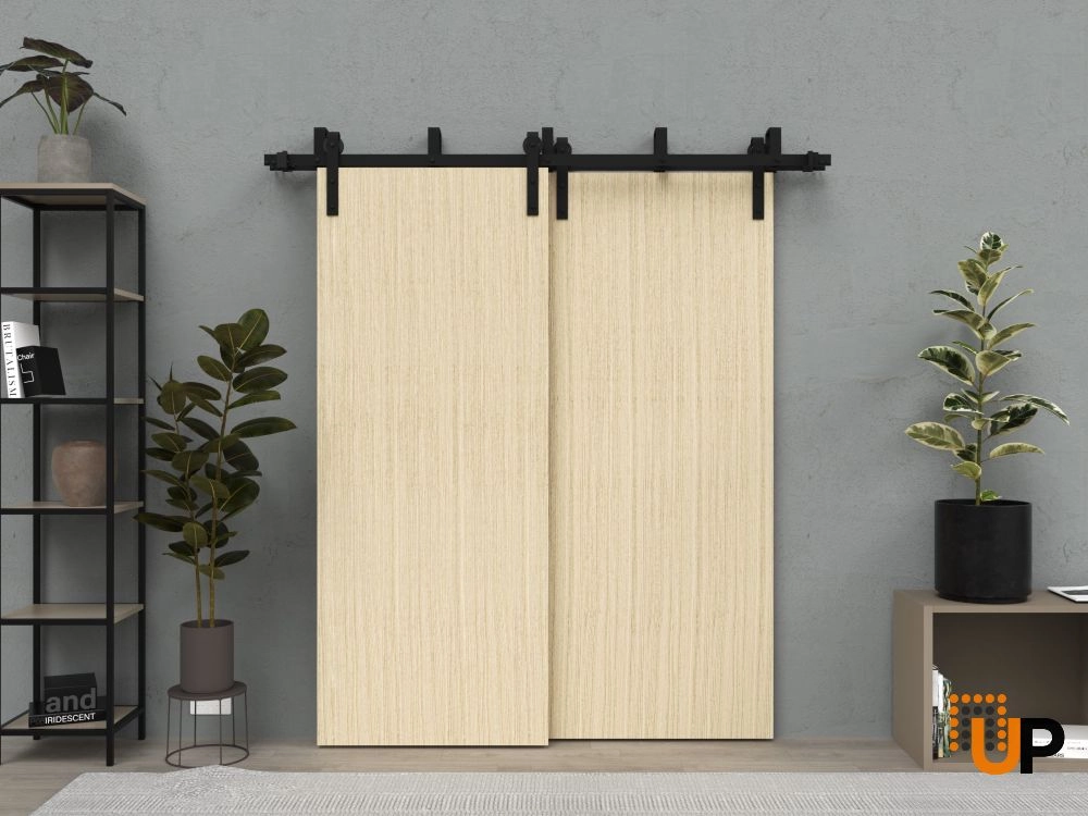 Double solid wood with honeycomb sliding modern interior barn bypass door | Planum 0010 Vertical Natural Veneer | 36 x 80 (2* 18x80) photo#2