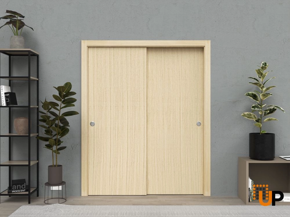 Double solid wood with honeycomb sliding modern interior closet bypass door | Planum 0010 Vertical Natural Veneer | 36 x 80 (2* 18x80) photo#2