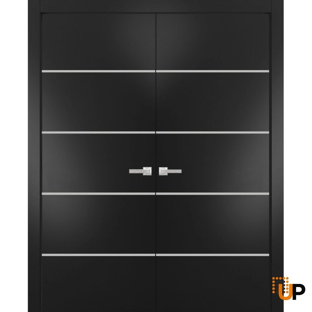 Double solid wood with honeycomb french interior swing double door | Planum 0210 Black Matte | 36 x 80 (2* 18x80) photo#1