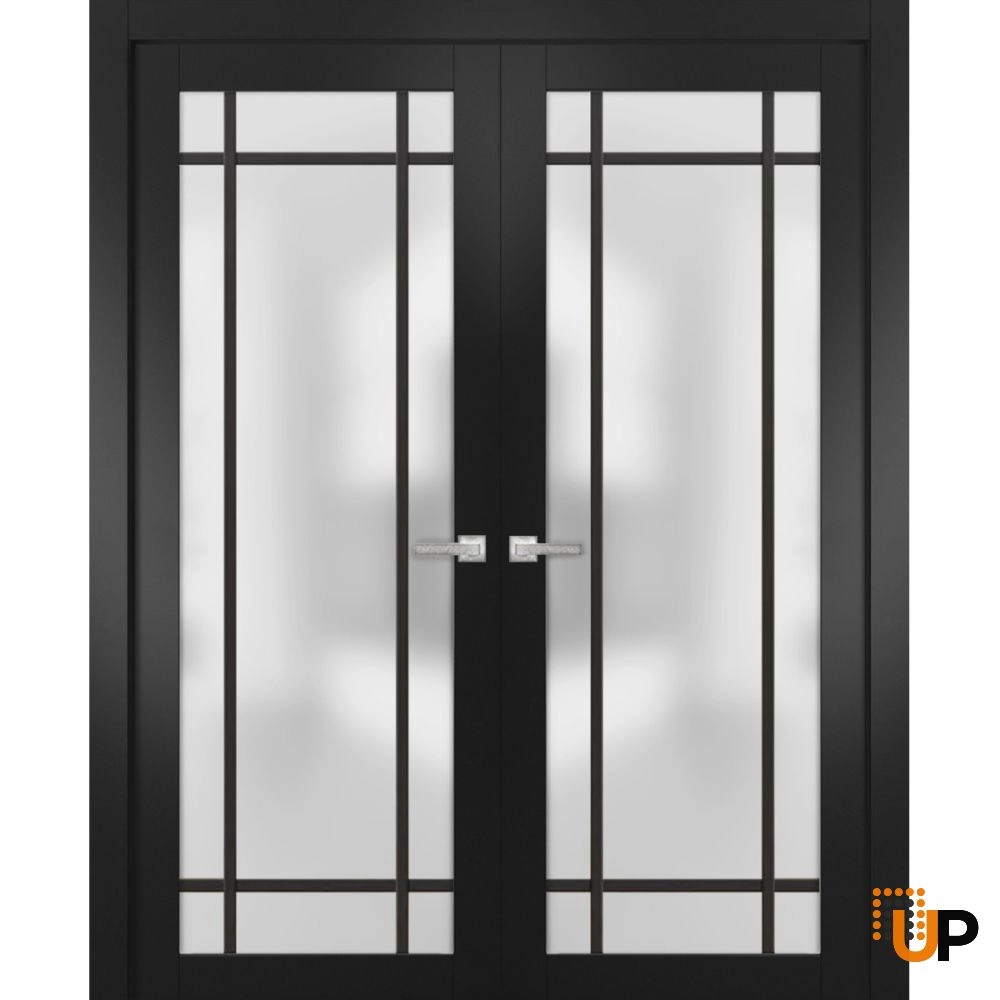 Double solid core french interior swing double door with frosted glass | Planum 2112 Black Matte | 36 x 80 (2* 18x80) photo#1