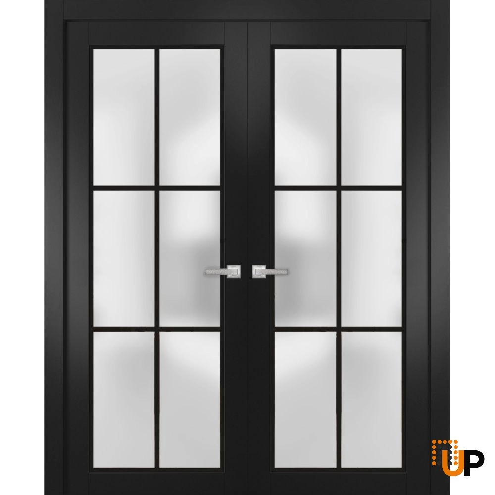 Double solid core french interior swing double door with frosted glass | Planum 2122 Black Matte | 36 x 80 (2* 18x80) photo#1
