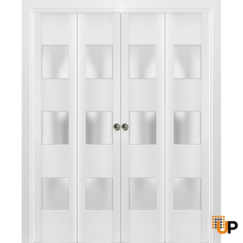 4 folding panels solid core sliding french interior bi-fold double door with frosted glass | Lucia 4070 White | 72 x 80 (4* 18x80) photo#1