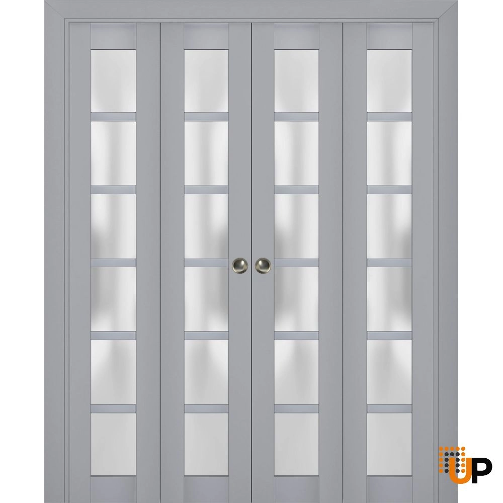 4 folding panels laminate sliding french interior bi-fold double door with frosted glass | Veregio 7602 Matte Grey | 72 x 80 (4* 18x80) photo#1
