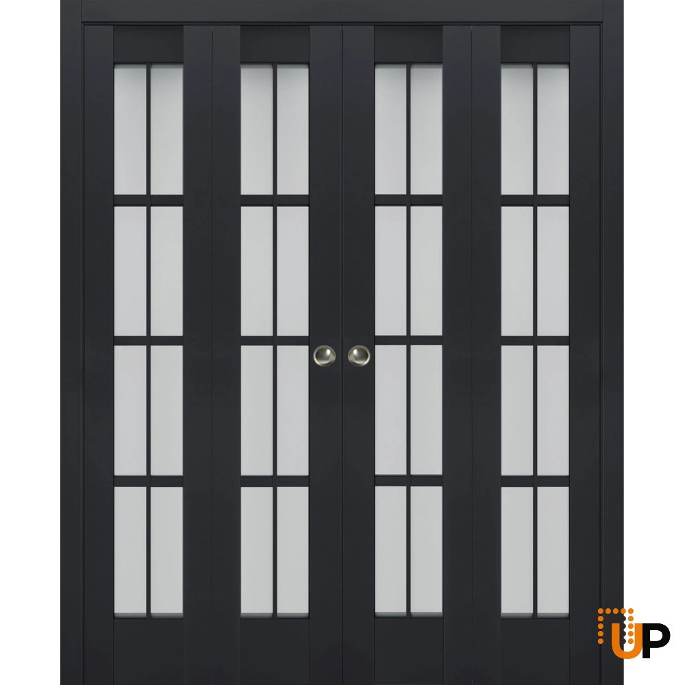 4 folding panels laminate sliding french interior bi-fold double door with frosted glass | Veregio 7412 Antracite | 72 x 80 (4* 18x80) photo#1