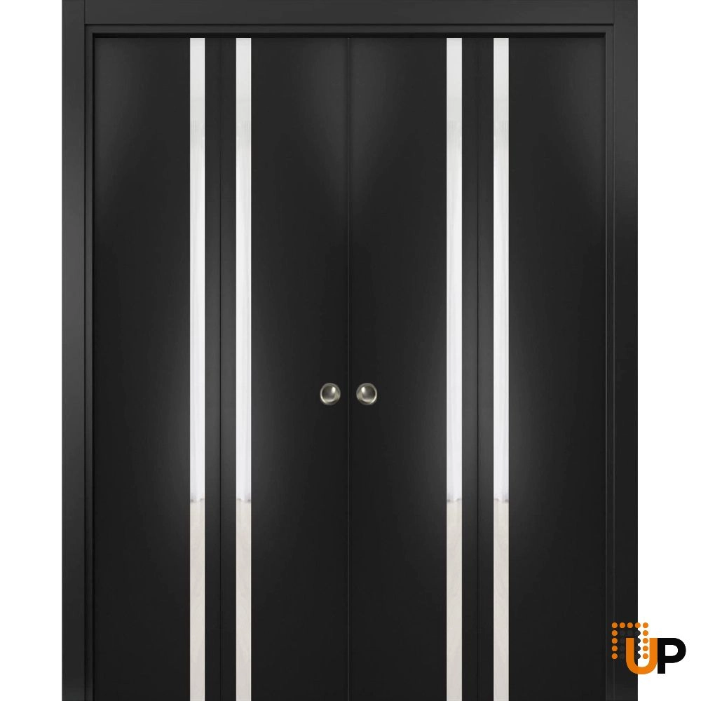 4 folding panels solid core sliding modern interior bi-fold double door | Planum 0040 Black Matte | 72 x 80 (4* 18x80) photo#1