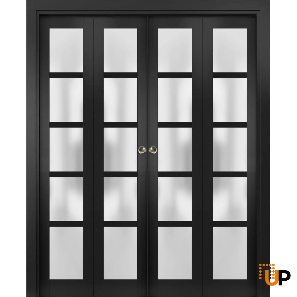 4 folding panels mdf sliding french interior bi-fold double door with frosted glass | Quadro 4002  Black Matte | 72 x 80 (4* 18x80) photo#1