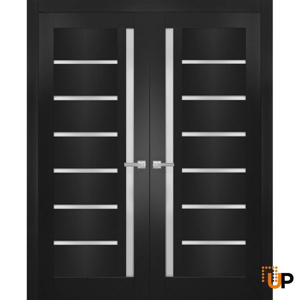Double mdf french interior swing double door with frosted glass | Quadro 4088  Black Matte | 36 x 80 (2* 18x80) photo#1