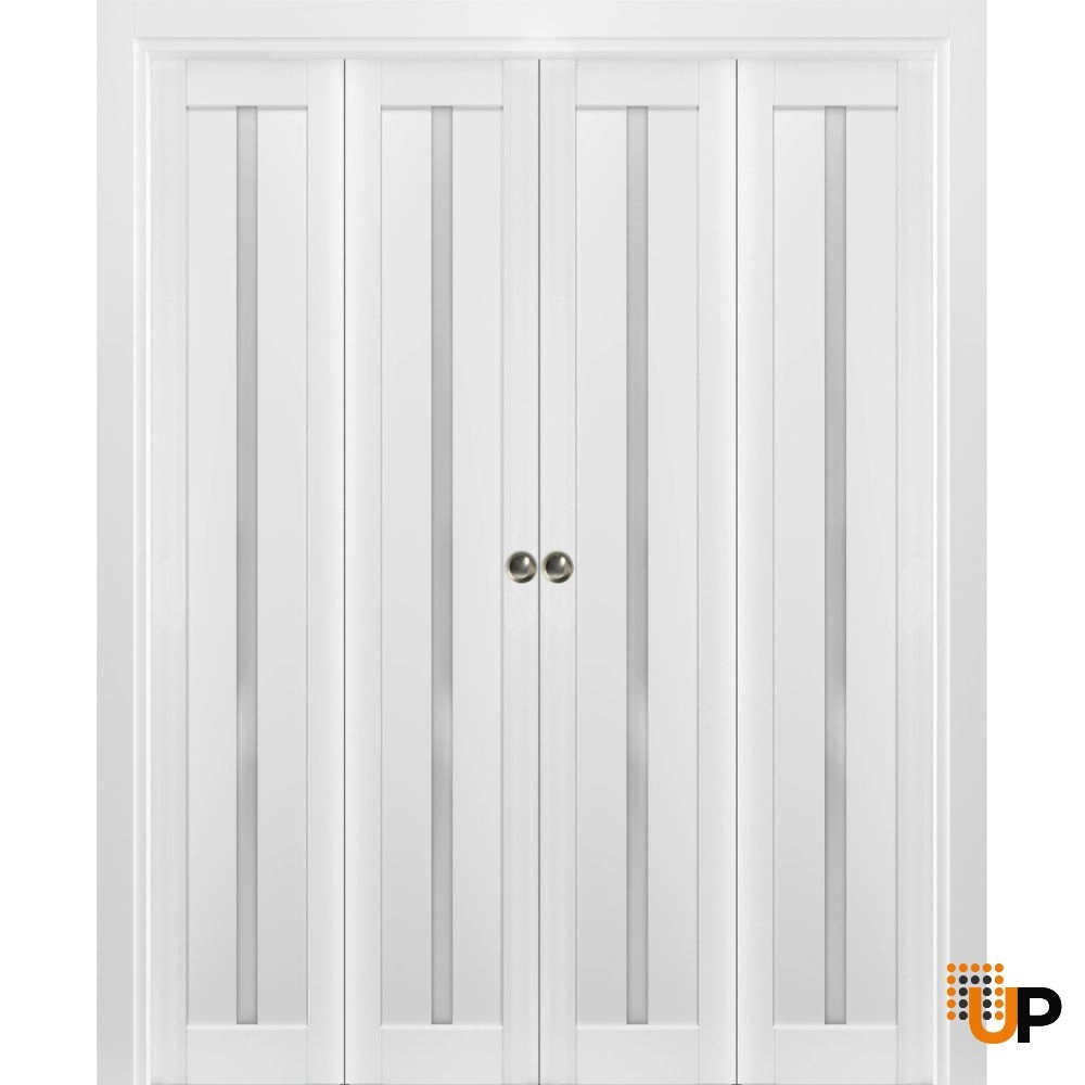 4 folding panels mdf sliding modern interior bi-fold double door with frosted glass | Quadro 4112 White | 72 x 80 (4* 18x80) photo#1
