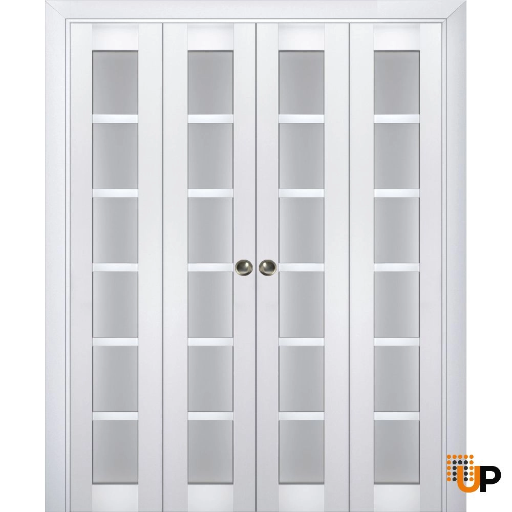 4 folding panels laminate sliding french interior bi-fold double door with frosted glass | Veregio 7602 White | 72 x 80 (4* 18x80) photo#1