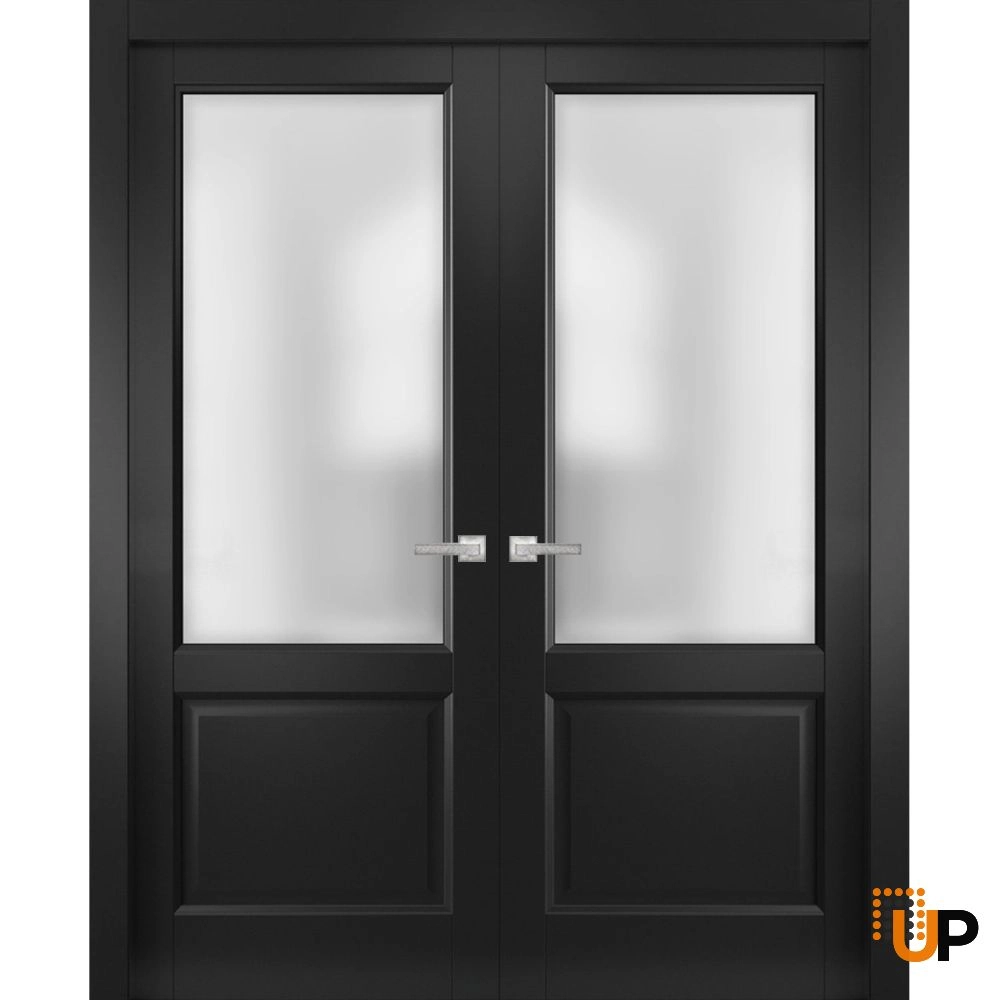 Double solid core french interior swing double door with frosted glass | Lucia 22 Black Matte | 36 x 80 (2* 18x80) photo#1