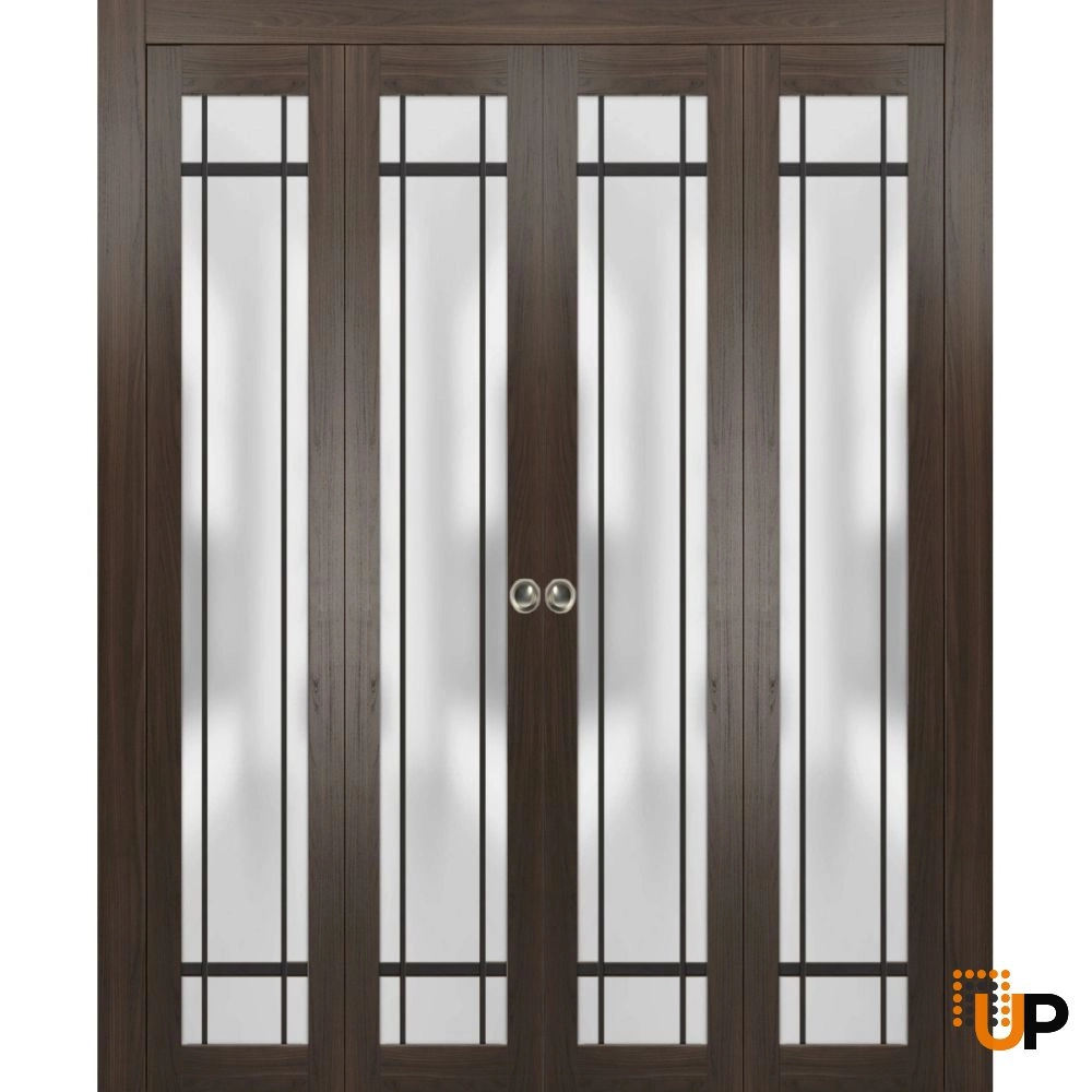 4 folding panels solid core sliding french interior bi-fold double door with frosted glass | Planum 2112 Chocolate Ash | 72 x 80 (4* 18x80) photo#1
