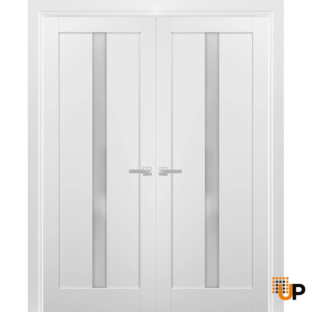 Double mdf french interior swing double door with frosted glass | Quadro 4112 White | 36 x 80 (2* 18x80) photo#1