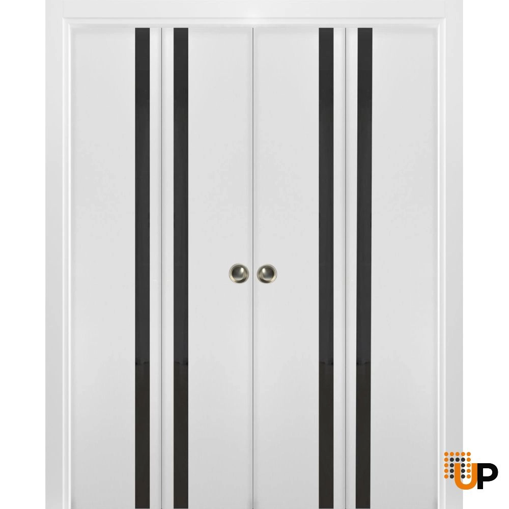 4 folding panels solid core sliding modern interior bi-fold double door with black glass | Planum 0040 White | 72 x 80 (4* 18x80) photo#1