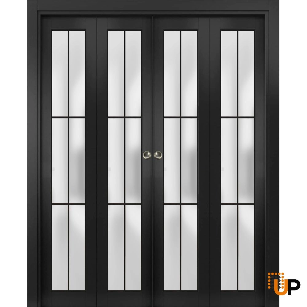 4 folding panels solid core sliding french interior bi-fold double door with frosted glass | Planum 2122 Black Matte | 72 x 80 (4* 18x80) photo#1