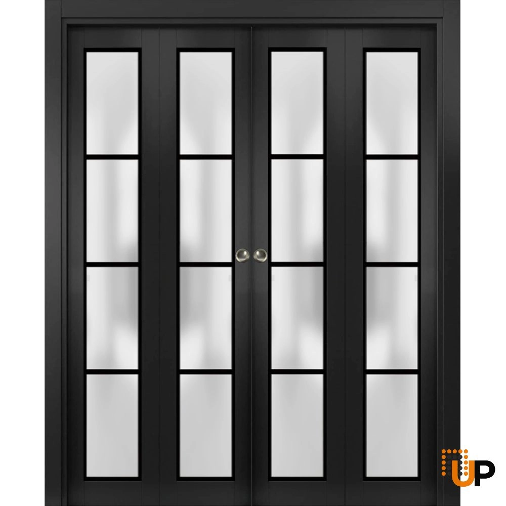 4 folding panels solid core sliding french interior bi-fold double door with frosted glass | Planum 2132 Black Matte | 72 x 96 (4* 18x96) photo#1