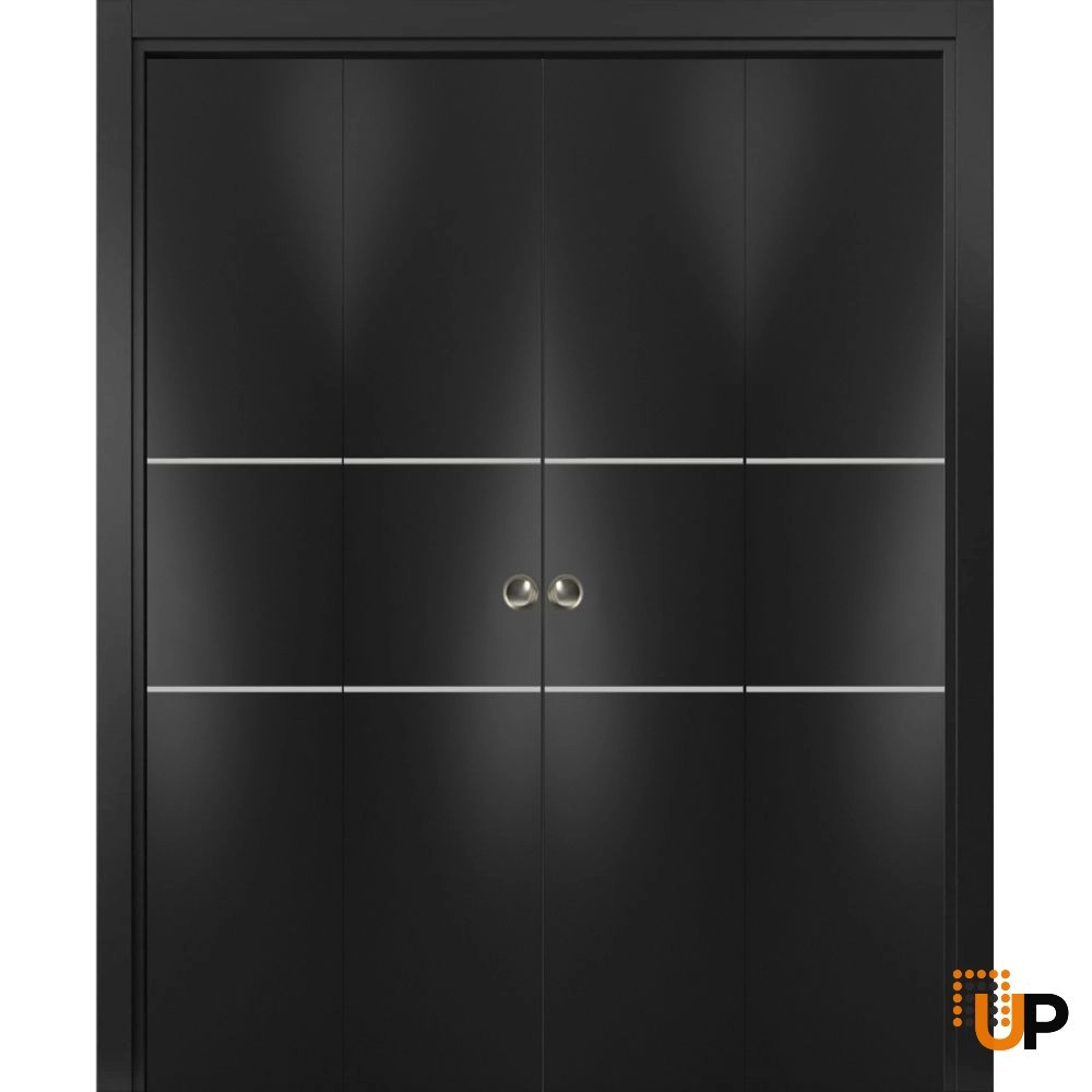 4 folding panels solid wood with honeycomb sliding modern interior bi-fold double door | Planum 0110 Black Matte | 72 x 80 (4* 18x80) photo#1