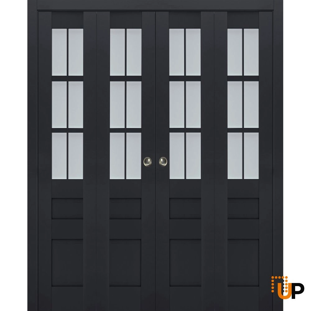 4 folding panels laminate sliding french interior bi-fold double door with frosted glass | Veregio 7339 Antracite | 72 x 80 (4* 18x80) photo#1