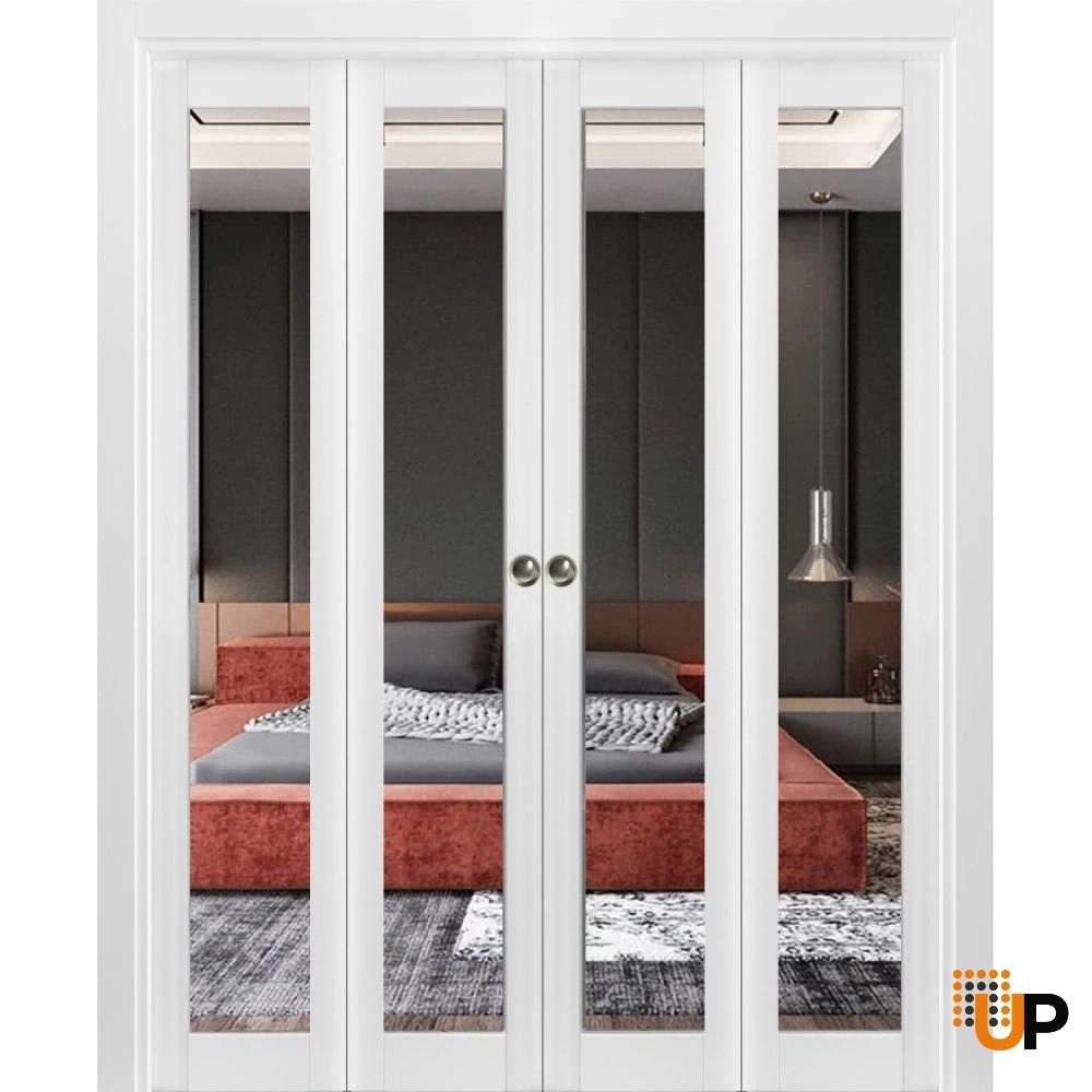 4 folding panels solid core sliding french interior bi-fold double door with mirror glass | Lucia 1299 White | 72 x 80 (4* 18x80) photo#1