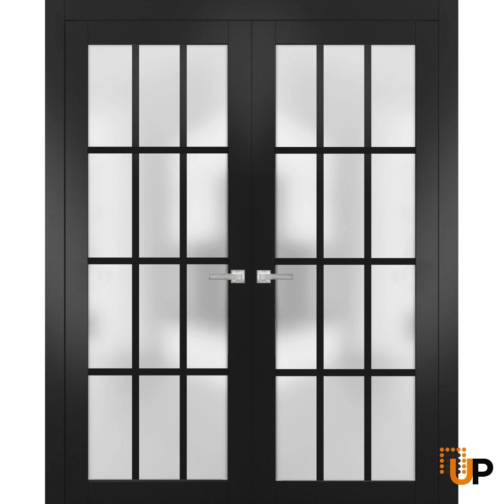 Double solid core french interior swing double door with frosted glass | Felicia 3312 Black Matte | 36 x 80 (2* 18x80) photo#1