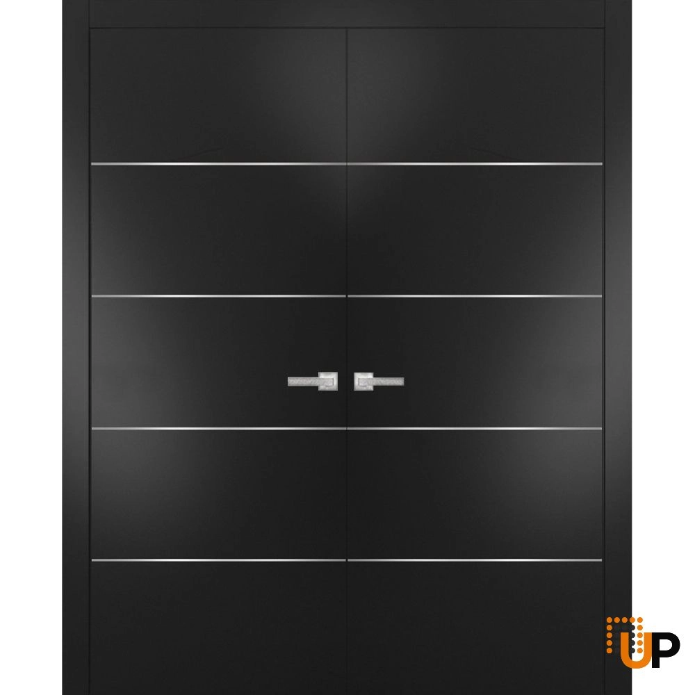 Double solid wood with honeycomb french interior swing double door | Planum 0020 Black Matte | 36 x 80 (2* 18x80) photo#1
