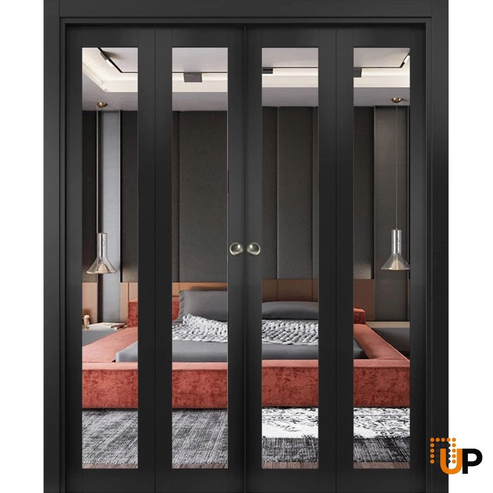 4 folding panels solid core sliding french interior bi-fold double door with mirror glass | Lucia 1299 Black Matte | 72 x 80 (4* 18x80) photo#1