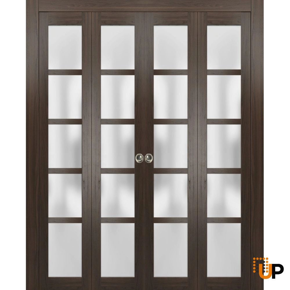 4 folding panels mdf sliding french interior bi-fold double door with frosted glass | Quadro 4002  Chocolate Ash | 72 x 80 (4* 18x80) photo#1