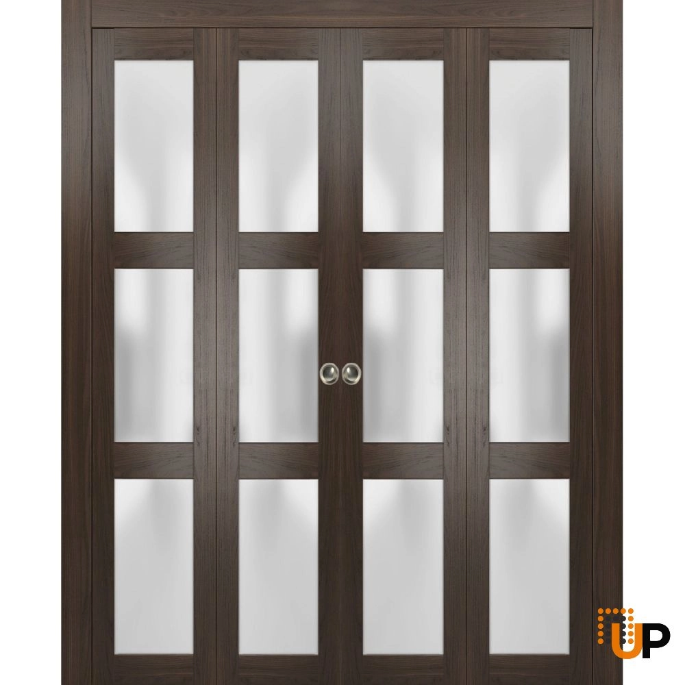 4 folding panels solid core sliding french interior bi-fold double door with frosted glass | Lucia 2552 Chocolate Ash | 72 x 80 (4* 18x80) photo#1
