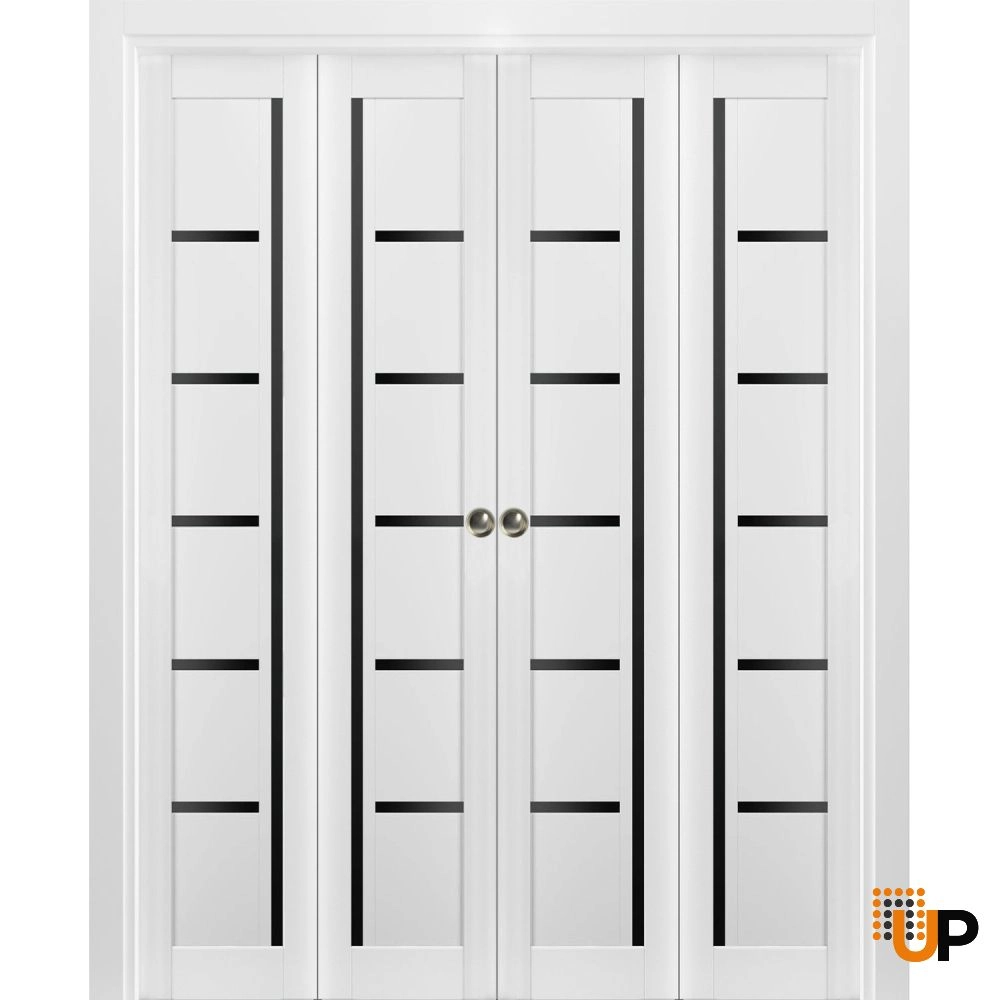 4 folding panels mdf sliding modern interior bi-fold double door with black glass | Quadro 4588 White | 72 x 80 (4* 18x80) photo#1