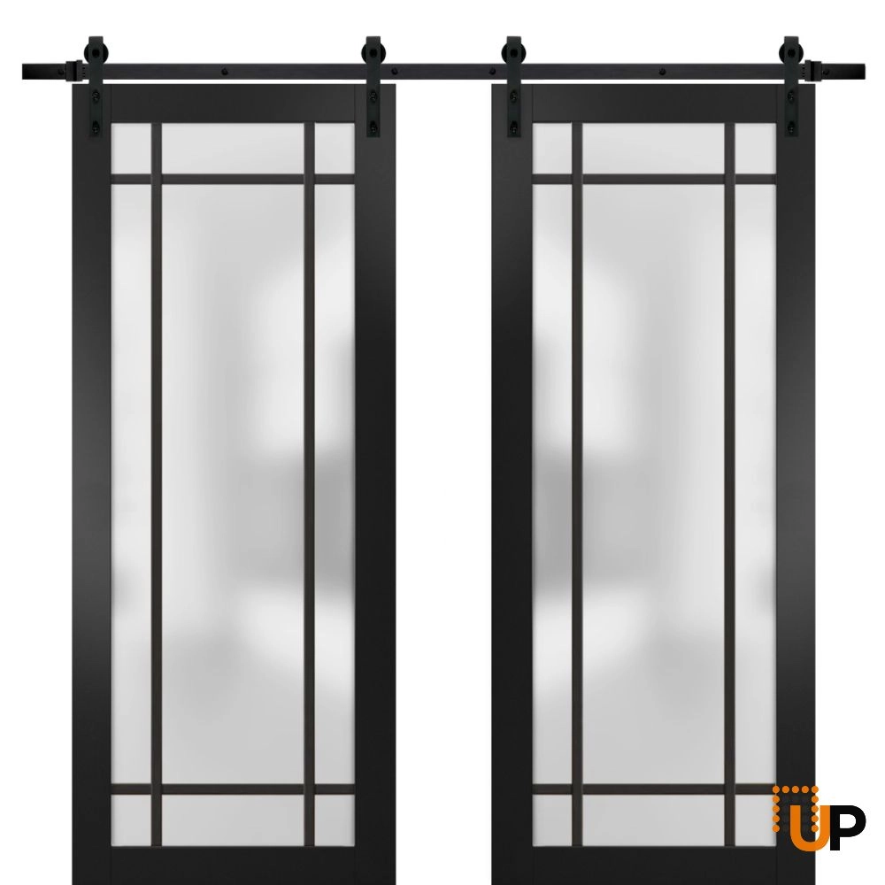 Double solid core sliding french interior barn double door with frosted glass | Planum 2112 Black Matte | 36 x 80 (2* 18x80) photo#1